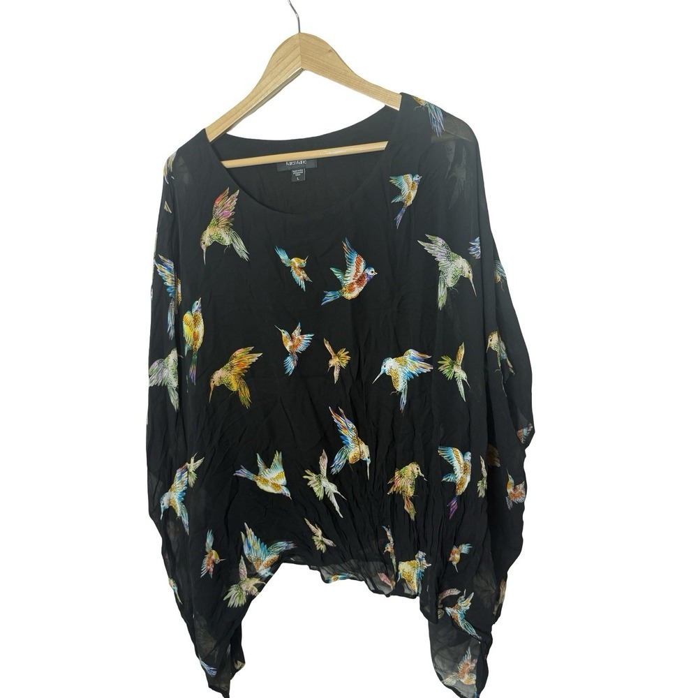 Karen Kane Colorful Birds Art To Wear Printed Layered Scarf Top Black Large